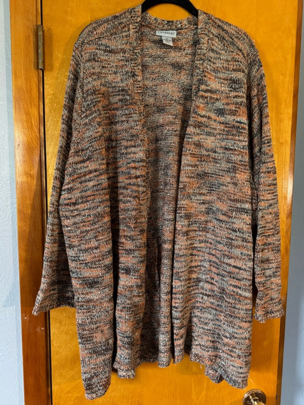 Catherines Marled Open-Front Cardigan in Peach and Gray